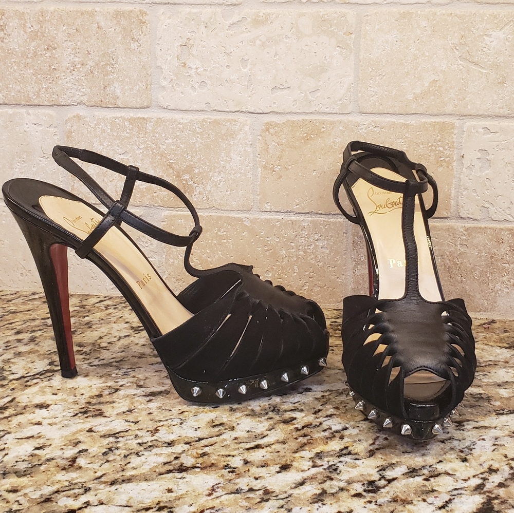 Christian Louboutin Black Peep Toe Heels with Studs